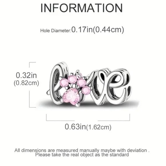 Women’s 925 Sterling Silver Love Script Charm with Pink Gem Paw Print - NWT - Picture 3 of 4